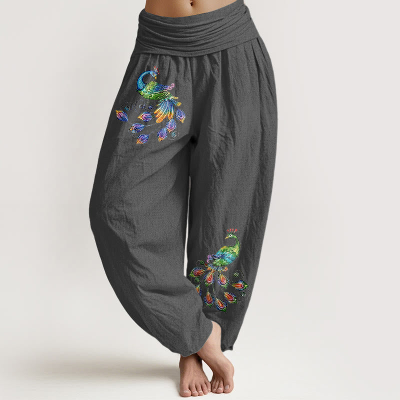 Nimara Ritual Cotton Colorful Peacock Pattern Women's Elastic Waist Harem Pants