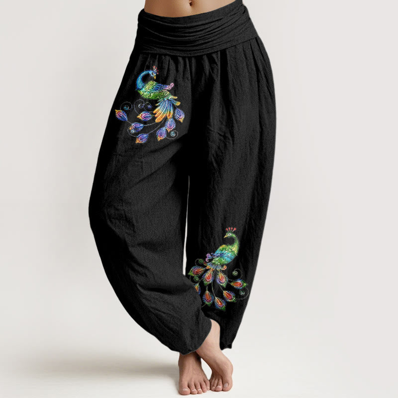 Nimara Ritual Cotton Colorful Peacock Pattern Women's Elastic Waist Harem Pants