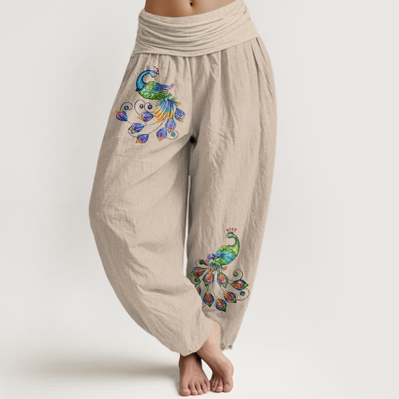 Nimara Ritual Cotton Colorful Peacock Pattern Women's Elastic Waist Harem Pants