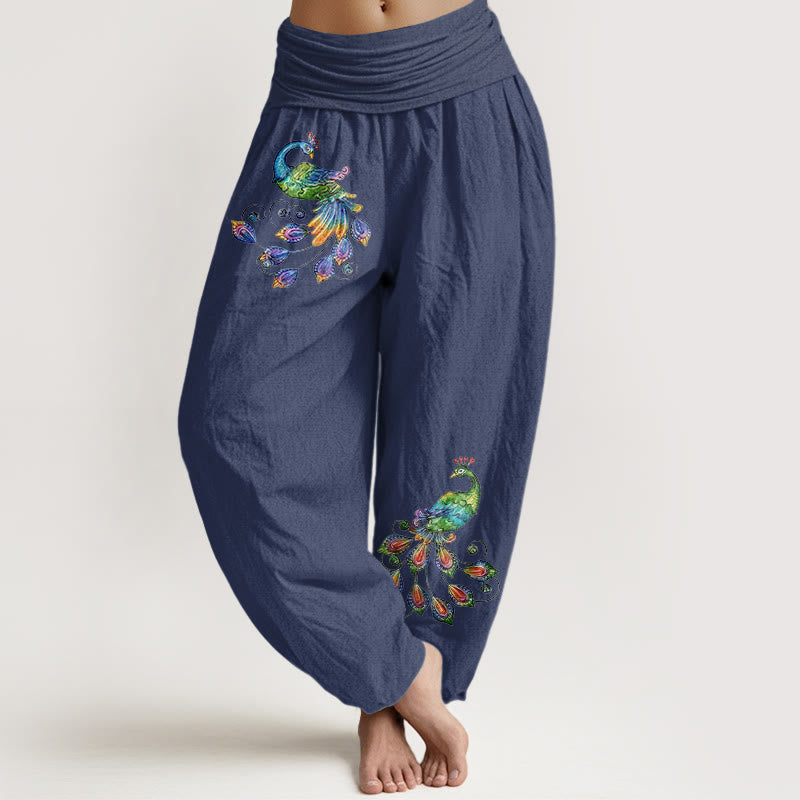Nimara Ritual Cotton Colorful Peacock Pattern Women's Elastic Waist Harem Pants