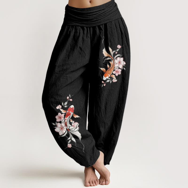 Nimara Ritual Cotton Koi Fish Pink Peach Blossoms Pattern Women's Elastic Waist Harem Pants