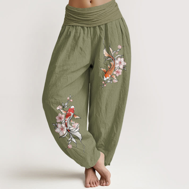 Nimara Ritual Cotton Koi Fish Pink Peach Blossoms Pattern Women's Elastic Waist Harem Pants