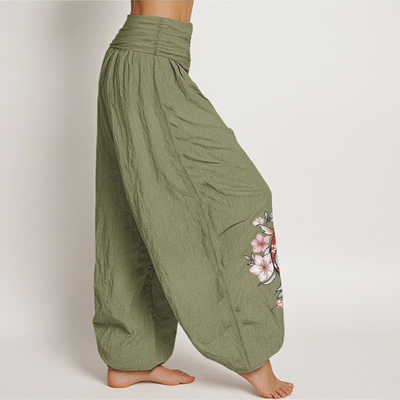 Nimara Ritual Cotton Koi Fish Pink Peach Blossoms Pattern Women's Elastic Waist Harem Pants