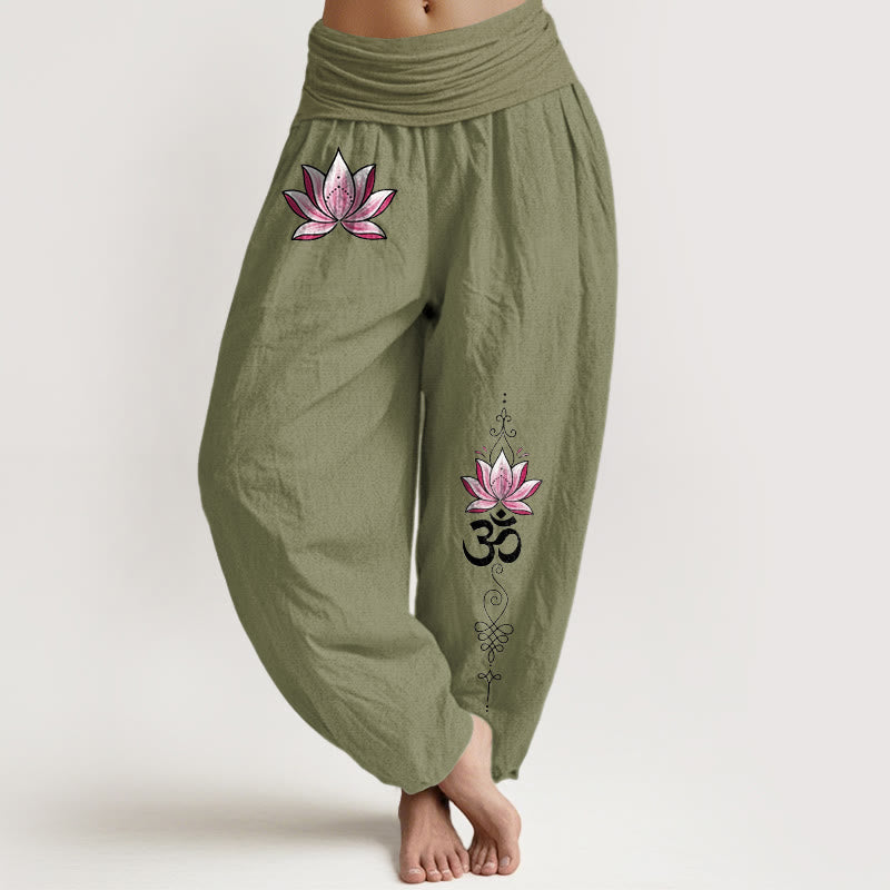 Nimara Ritual Cotton Pink Lotus OM Pattern Women's Elastic Waist Harem Pants