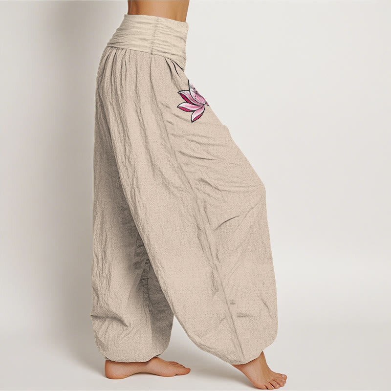 Nimara Ritual Cotton Pink Lotus OM Pattern Women's Elastic Waist Harem Pants