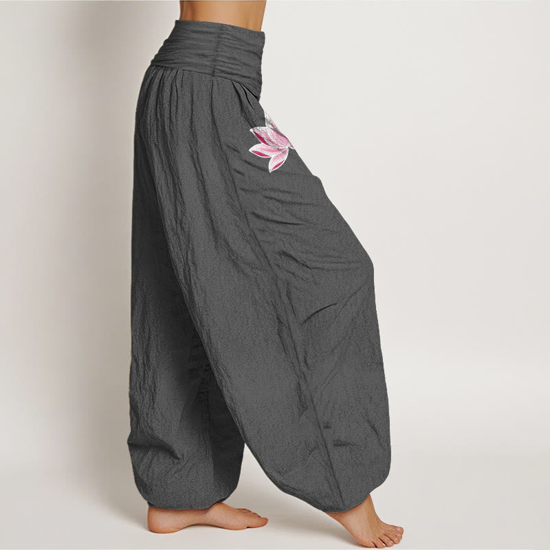 Nimara Ritual Cotton Pink Lotus OM Pattern Women's Elastic Waist Harem Pants