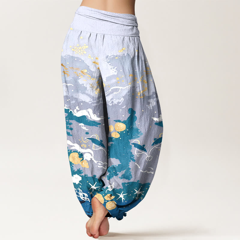 Nimara Ritual Cotton Waves Sky Pattern Women's Elastic Waist Harem Pants