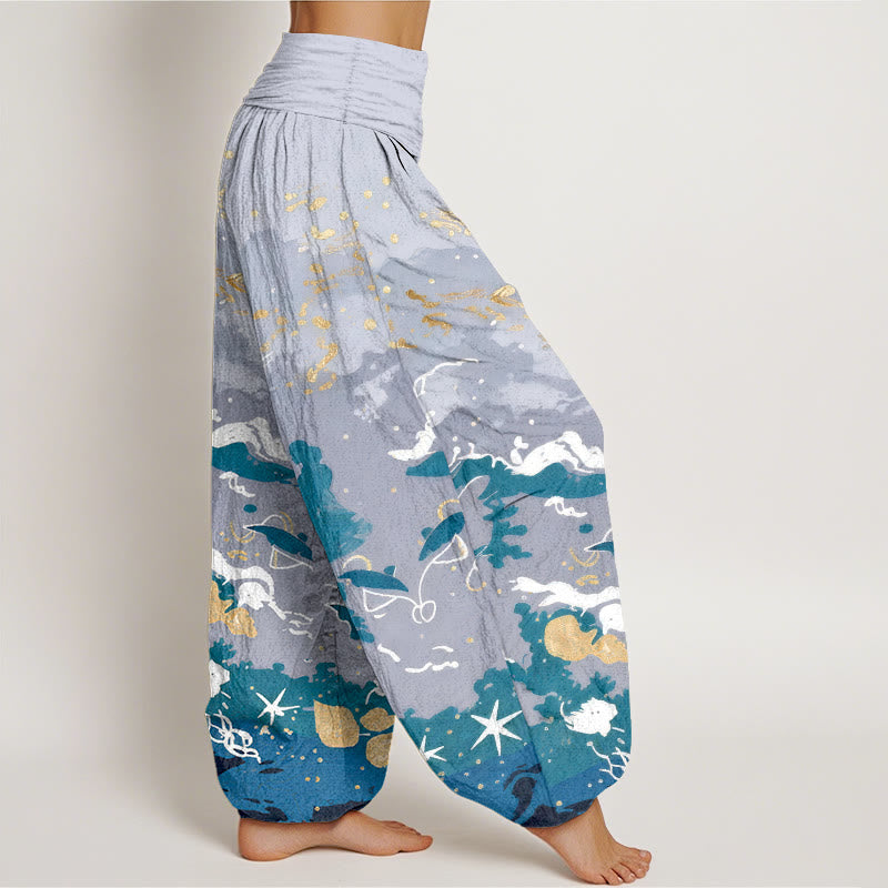 Nimara Ritual Cotton Waves Sky Pattern Women's Elastic Waist Harem Pants