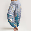 Nimara Ritual Cotton Waves Sky Pattern Women's Elastic Waist Harem Pants