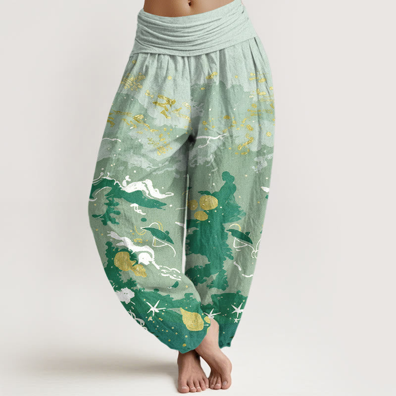 Nimara Ritual Cotton Waves Sky Pattern Women's Elastic Waist Harem Pants
