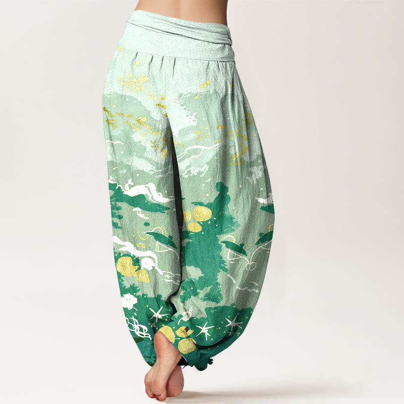 Nimara Ritual Cotton Waves Sky Pattern Women's Elastic Waist Harem Pants