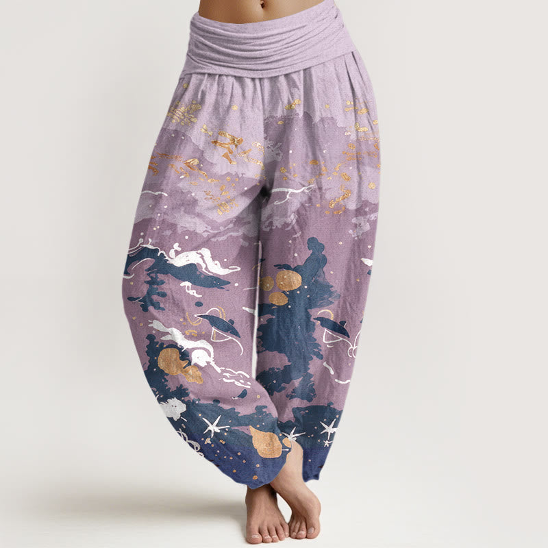 Nimara Ritual Cotton Waves Sky Pattern Women's Elastic Waist Harem Pants