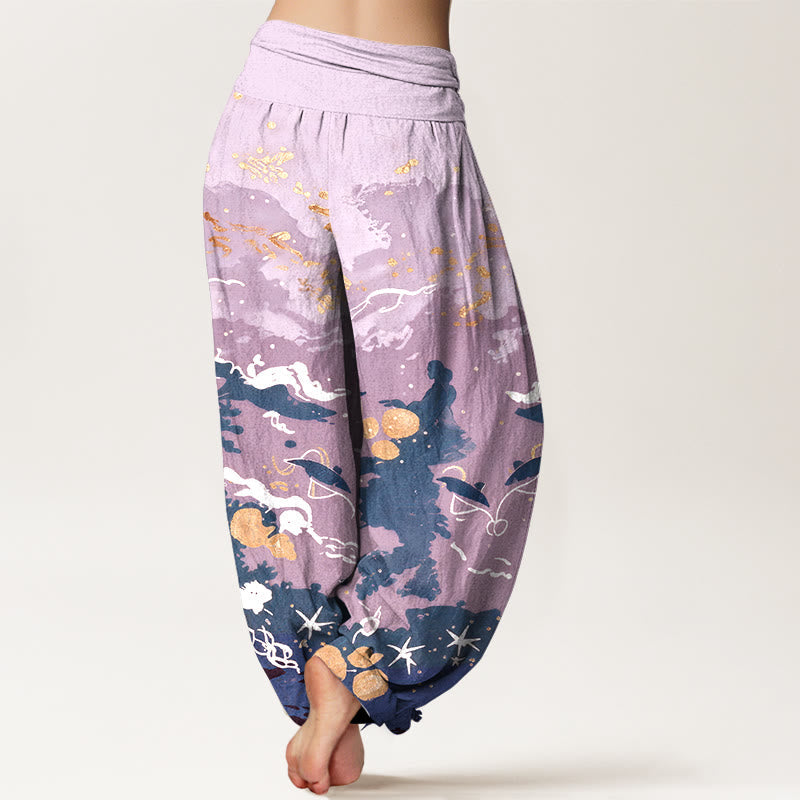 Nimara Ritual Cotton Waves Sky Pattern Women's Elastic Waist Harem Pants