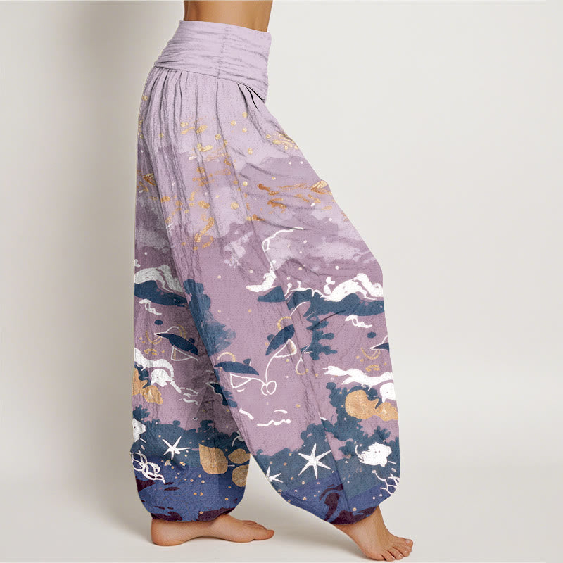 Nimara Ritual Cotton Waves Sky Pattern Women's Elastic Waist Harem Pants