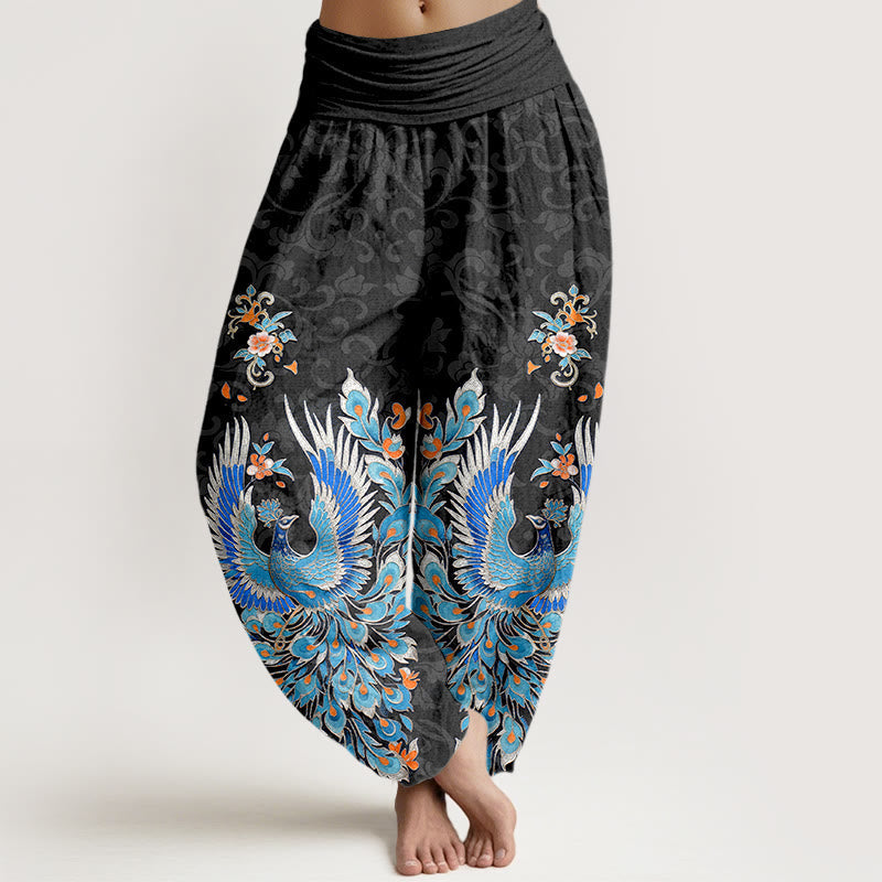 Nimara Ritual Cotton Phoenix Peach Blossom Pattern Women's Elastic Waist Harem Pants
