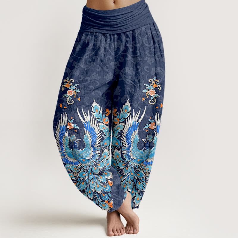 Nimara Ritual Cotton Phoenix Peach Blossom Pattern Women's Elastic Waist Harem Pants