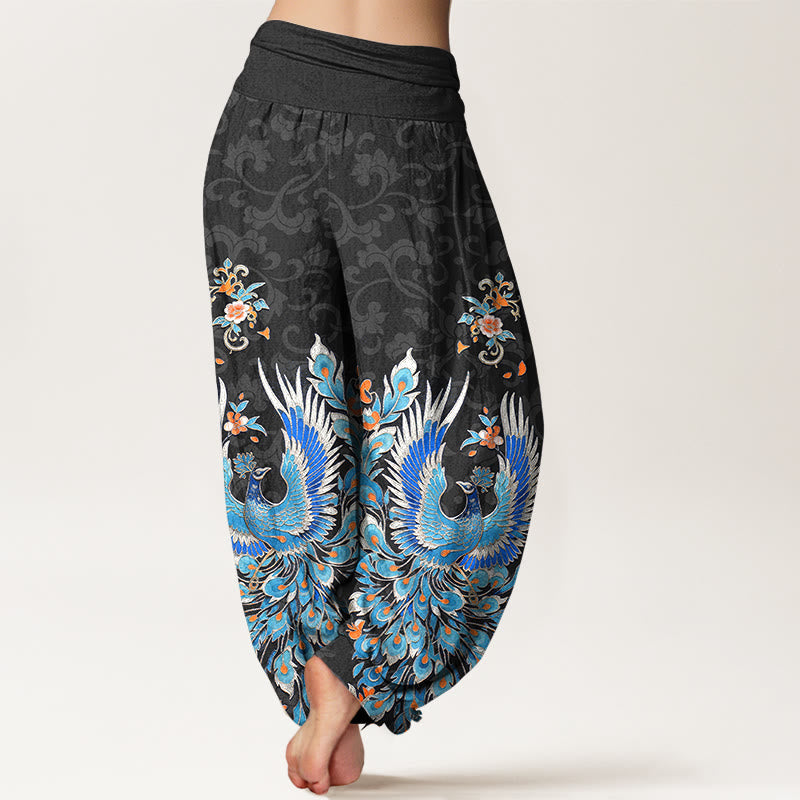 Nimara Ritual Cotton Phoenix Peach Blossom Pattern Women's Elastic Waist Harem Pants