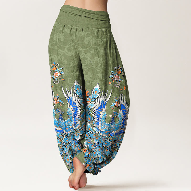 Nimara Ritual Cotton Phoenix Peach Blossom Pattern Women's Elastic Waist Harem Pants