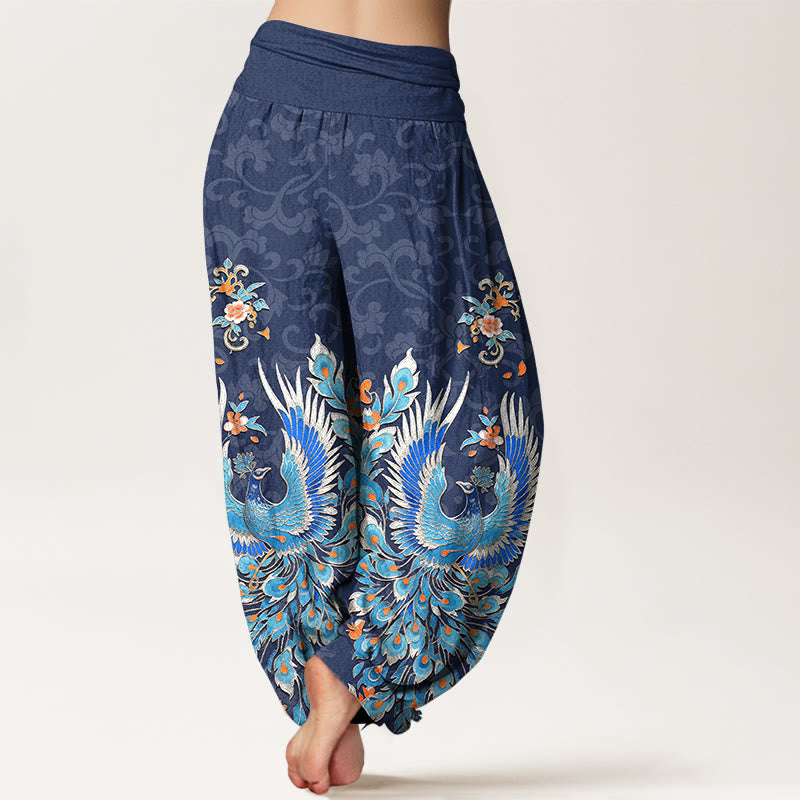 Nimara Ritual Cotton Phoenix Peach Blossom Pattern Women's Elastic Waist Harem Pants