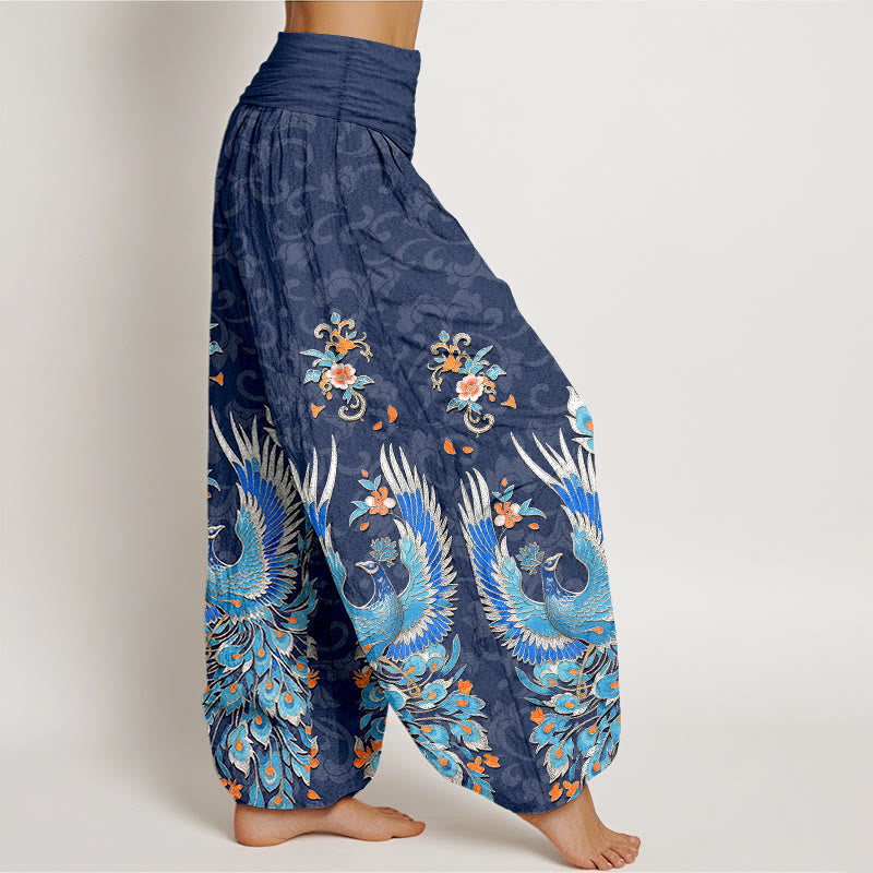Nimara Ritual Cotton Phoenix Peach Blossom Pattern Women's Elastic Waist Harem Pants