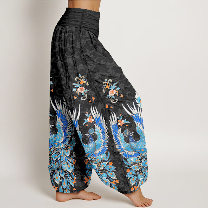 Nimara Ritual Cotton Phoenix Peach Blossom Pattern Women's Elastic Waist Harem Pants