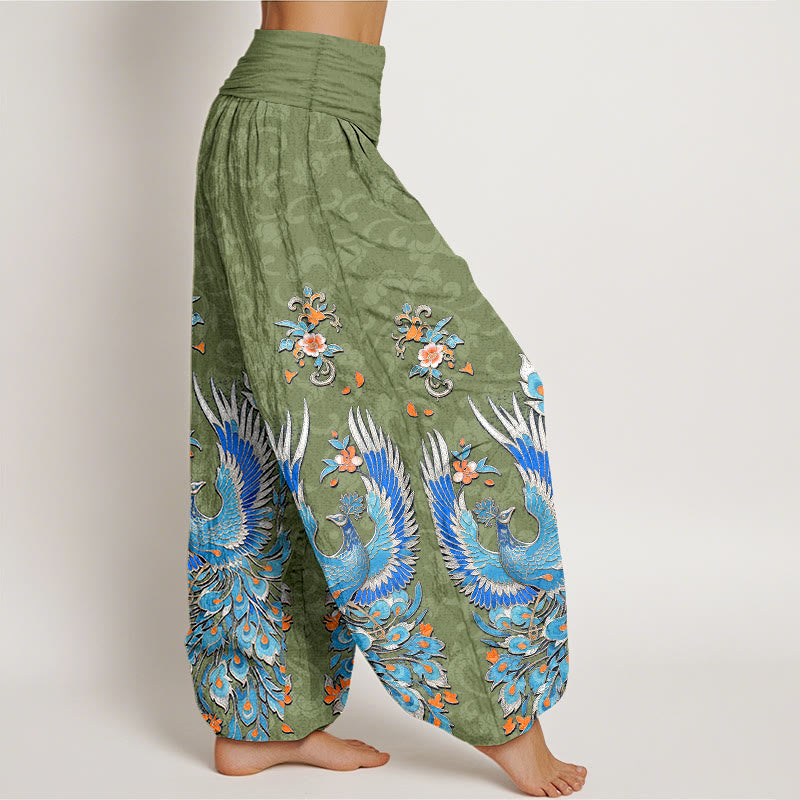 Nimara Ritual Cotton Phoenix Peach Blossom Pattern Women's Elastic Waist Harem Pants