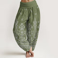 Nimara Ritual Cotton Mandala White Flower Pattern Women's Elastic Waist Harem Pants
