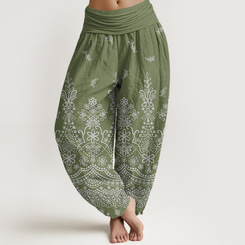 Nimara Ritual Cotton Mandala White Flower Pattern Women's Elastic Waist Harem Pants