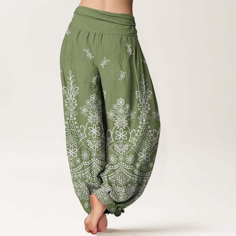 Nimara Ritual Cotton Mandala White Flower Pattern Women's Elastic Waist Harem Pants