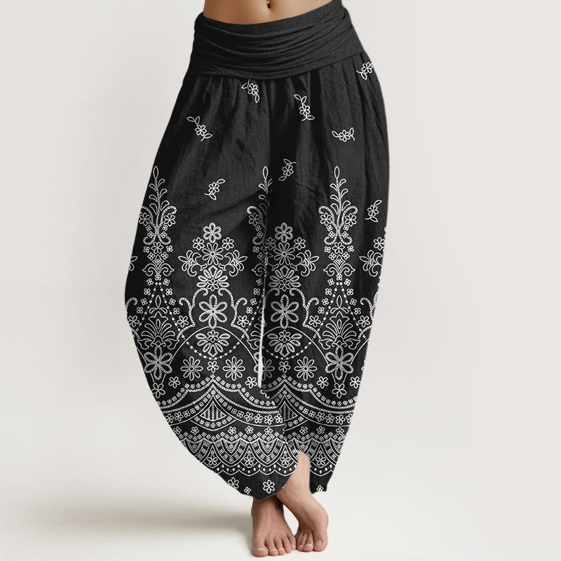 Nimara Ritual Cotton Mandala White Flower Pattern Women's Elastic Waist Harem Pants