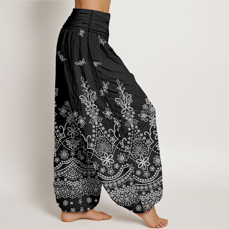 Nimara Ritual Cotton Mandala White Flower Pattern Women's Elastic Waist Harem Pants