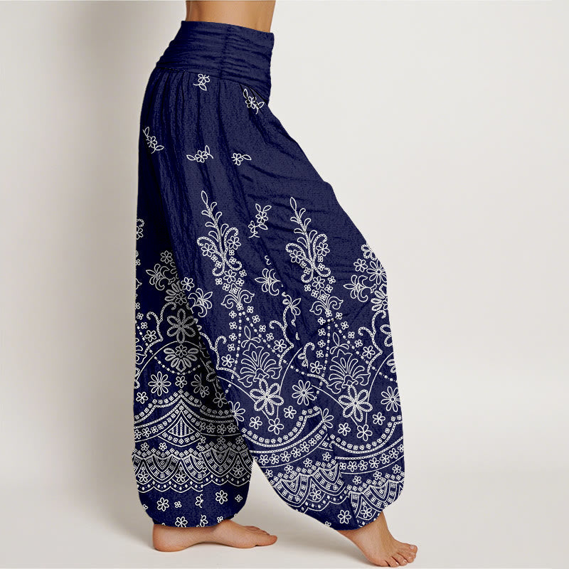 Nimara Ritual Cotton Mandala White Flower Pattern Women's Elastic Waist Harem Pants