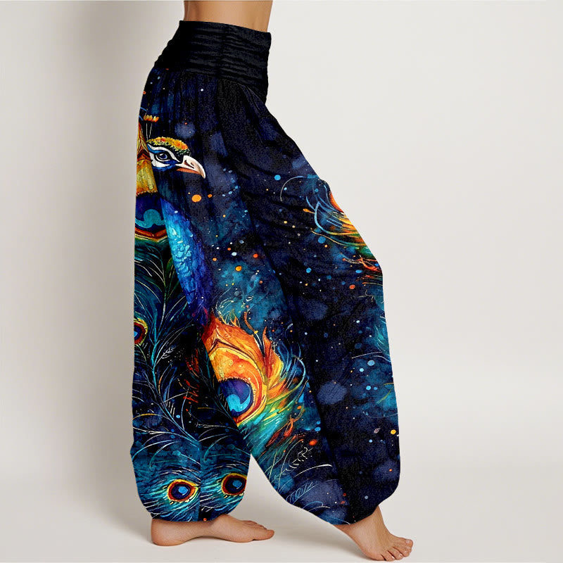 Nimara Ritual Cotton Peacock Starry Sky Pattern Women's Elastic Waist Harem Pants