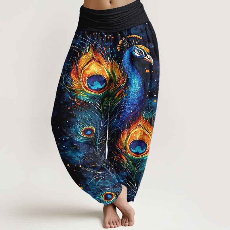 Nimara Ritual Cotton Peacock Starry Sky Pattern Women's Elastic Waist Harem Pants
