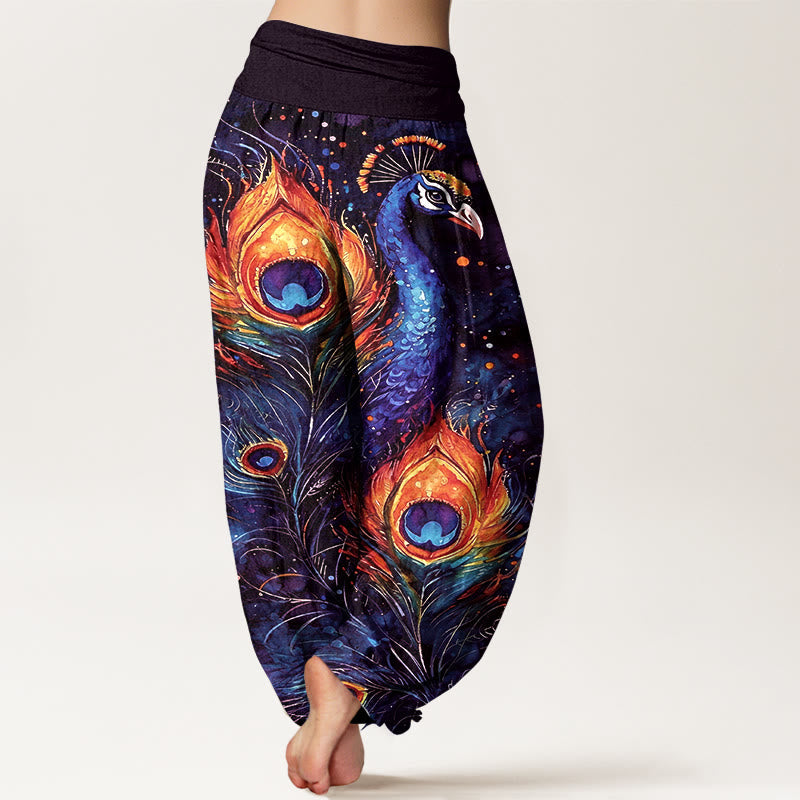 Nimara Ritual Cotton Peacock Starry Sky Pattern Women's Elastic Waist Harem Pants