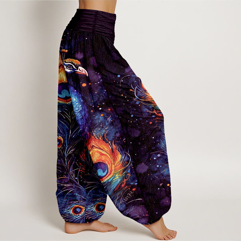 Nimara Ritual Cotton Peacock Starry Sky Pattern Women's Elastic Waist Harem Pants