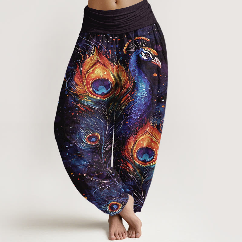 Nimara Ritual Cotton Peacock Starry Sky Pattern Women's Elastic Waist Harem Pants