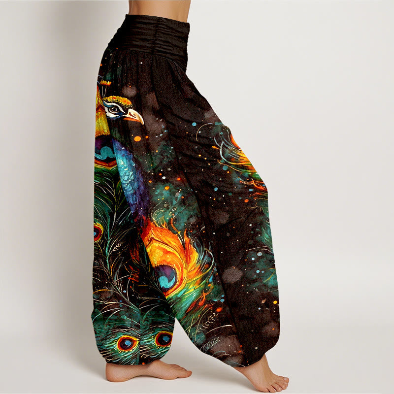 Nimara Ritual Cotton Peacock Starry Sky Pattern Women's Elastic Waist Harem Pants