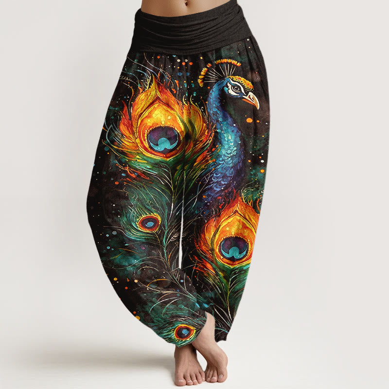 Nimara Ritual Cotton Peacock Starry Sky Pattern Women's Elastic Waist Harem Pants