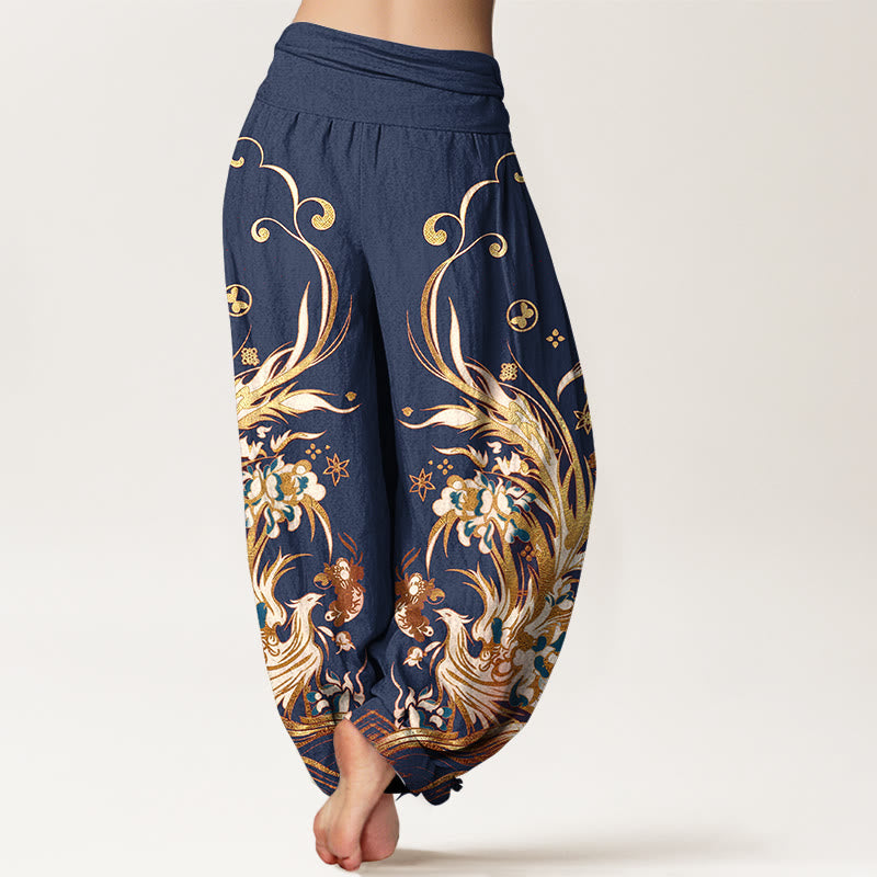 Nimara Ritual Cotton Phoenix Butterfly Flower Pattern Women's Elastic Waist Harem Pants