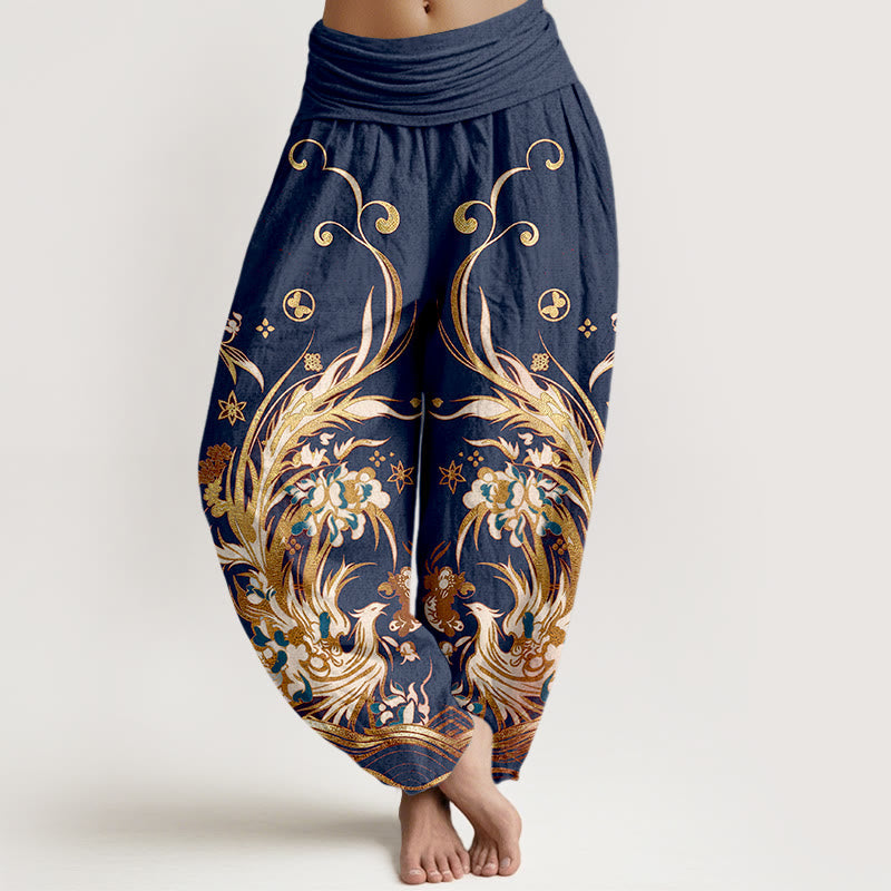 Nimara Ritual Cotton Phoenix Butterfly Flower Pattern Women's Elastic Waist Harem Pants