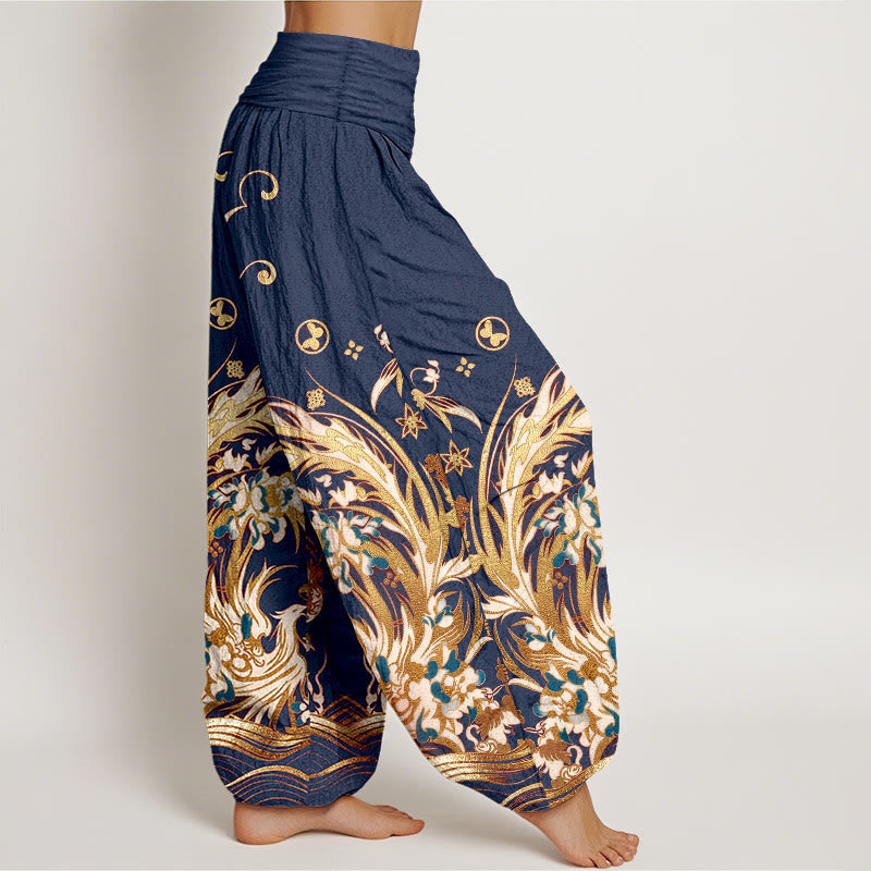Nimara Ritual Cotton Phoenix Butterfly Flower Pattern Women's Elastic Waist Harem Pants