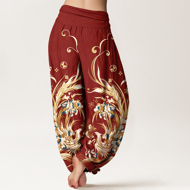 Nimara Ritual Cotton Phoenix Butterfly Flower Pattern Women's Elastic Waist Harem Pants