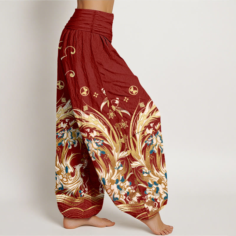 Nimara Ritual Cotton Phoenix Butterfly Flower Pattern Women's Elastic Waist Harem Pants