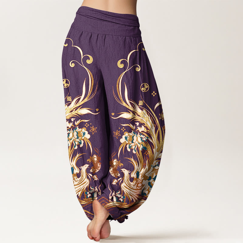 Nimara Ritual Cotton Phoenix Butterfly Flower Pattern Women's Elastic Waist Harem Pants