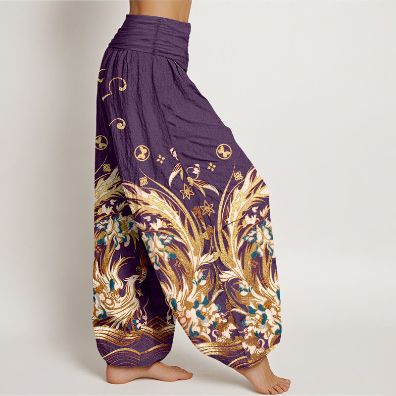 Nimara Ritual Cotton Phoenix Butterfly Flower Pattern Women's Elastic Waist Harem Pants