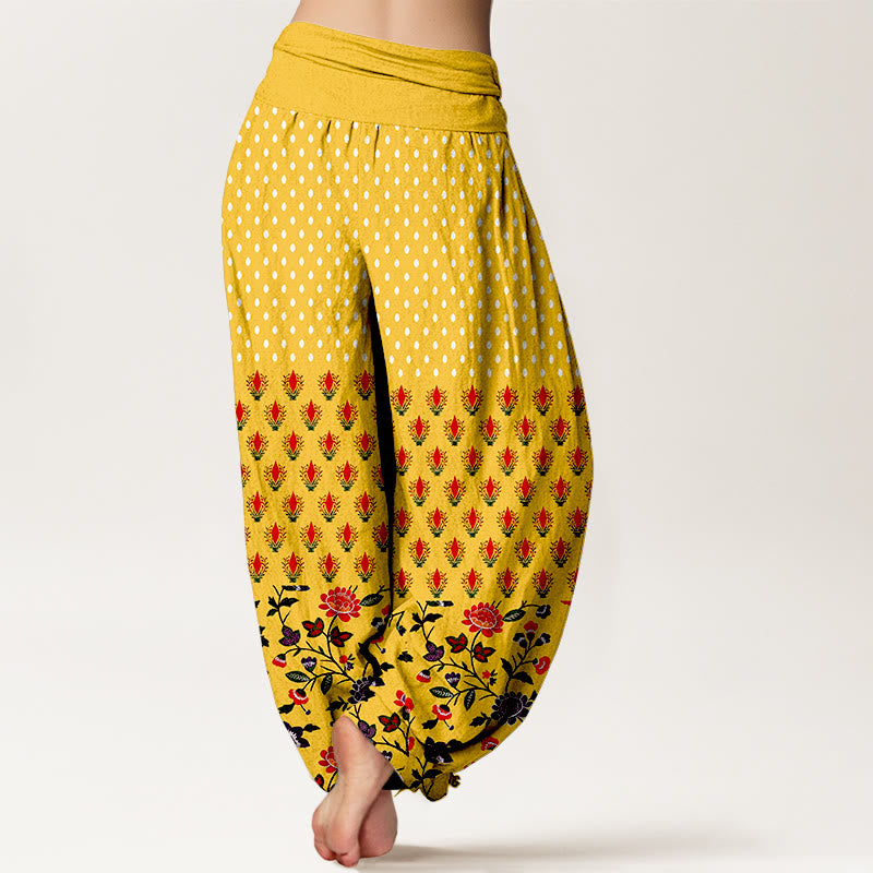 Nimara Ritual Cotton Dots Red Purple Flower Pattern Women's Elastic Waist Harem Pants