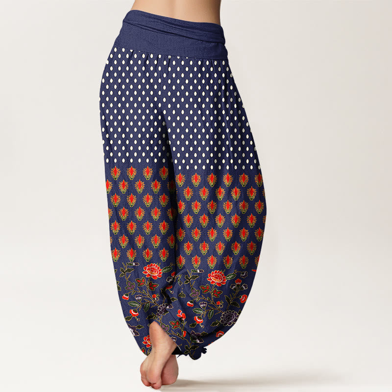 Nimara Ritual Cotton Dots Red Purple Flower Pattern Women's Elastic Waist Harem Pants
