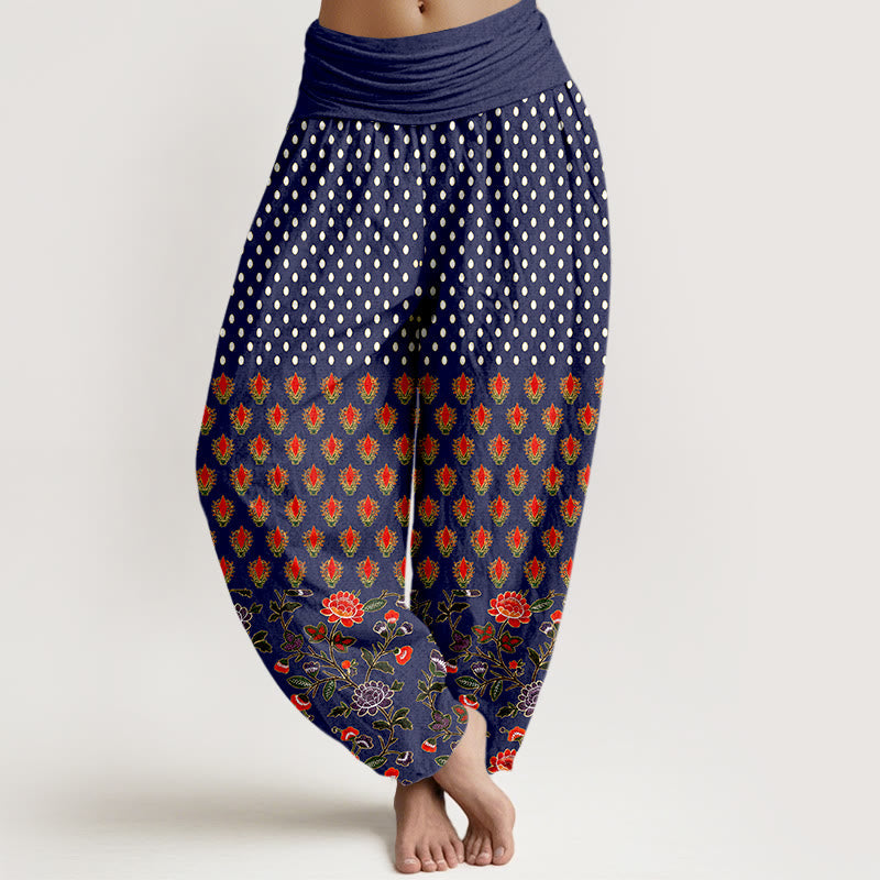 Nimara Ritual Cotton Dots Red Purple Flower Pattern Women's Elastic Waist Harem Pants