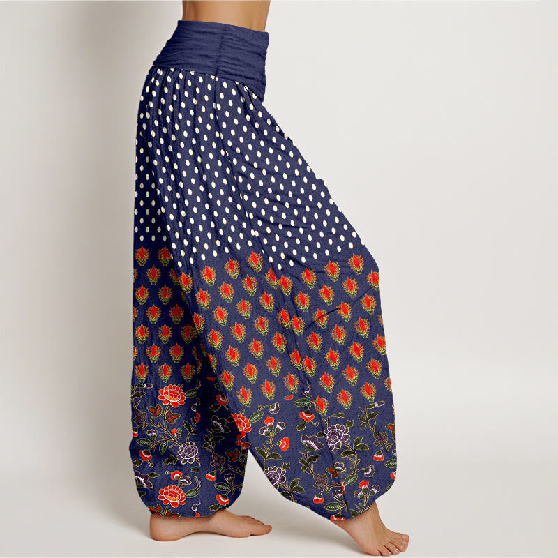 Nimara Ritual Cotton Dots Red Purple Flower Pattern Women's Elastic Waist Harem Pants